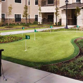 A well-maintained putting green located outside, surrounded by landscaping and nearby buildings.