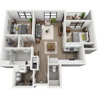 A modern apartment floor plan with two bedrooms, a living room, kitchen, and bathroom.