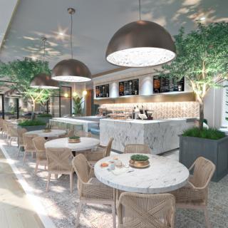 A modern restaurant interior with elegant lighting, seating areas, and greenery.