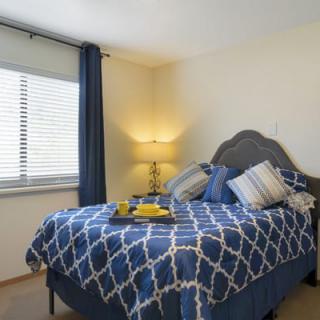 A cozy bedroom with a neatly made bed, featuring blue patterned bedding and pillows, a bedside lamp, and a window with blinds.