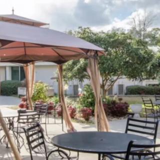 An outdoor patio area with a gazebo, tables, and chairs set in a garden setting on a sunny day.