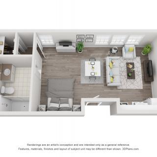 A modern apartment floor plan featuring an open living and dining area, kitchen, bathroom, and bedroom.