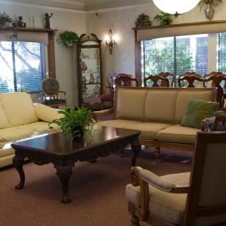 A classic-style living room with elegant furniture and large windows.