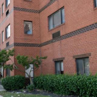 A corner view of a brick apartment building with several windows and surrounding greenery.