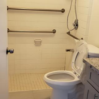 An accessible bathroom with a shower area and grab bars installed for support.