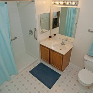 A clean and well-organized bathroom with a shower, sink, vanity, and blue accents.