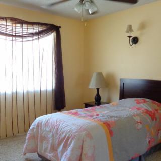 A cozy bedroom with a single bed, lamp, and window with curtains.