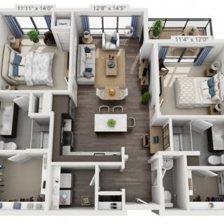 A 3D-rendered floor plan of a modern apartment featuring two bedrooms, a living room, and an open kitchen.