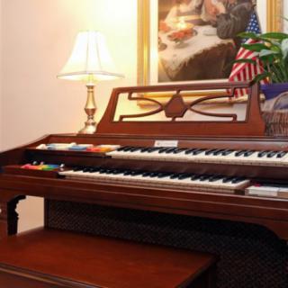 A home setting featuring an organ with a lamp and decorative items.