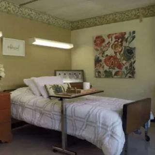 A well-arranged hospital room with a bed and a tray table, decorated with floral artwork on the wall.
