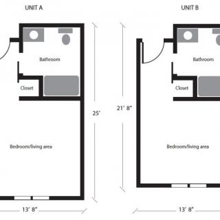 Floor plans depicting the layouts of Unit A and Unit B, each featuring a bathroom, closet, and main living area.
