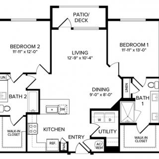 A floor plan of a two-bedroom apartment featuring living and dining areas, kitchen, bathrooms, and a patio/deck.