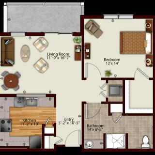 A one-bedroom apartment floor plan showing the living room, kitchen, bedroom, and bathroom.