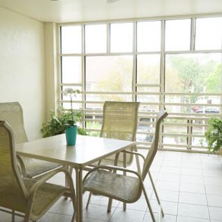 A bright and airy sunroom featuring a simple dining setup with chairs and a table surrounded by greenery.