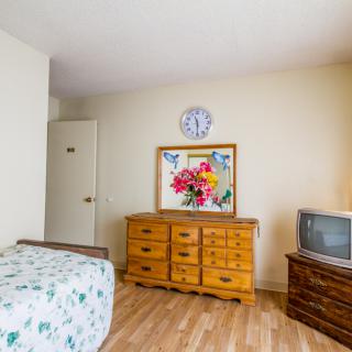 A cozy bedroom with a wooden dresser, television, and floral painting.