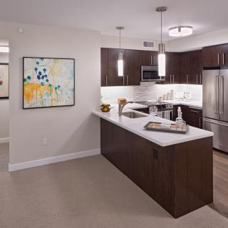 A modern kitchen with an open concept design featuring dark wood cabinets, a large island with seating, stainless steel appliances, and contemporary pendant lighting.