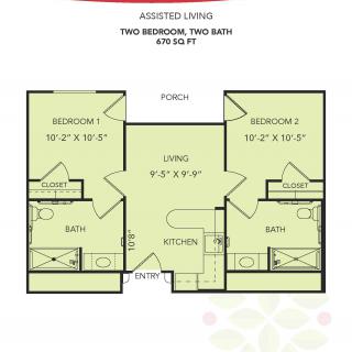 A floor plan of a two-bedroom, two-bathroom apartment layout.