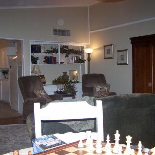 A cozy living room with a chess board on the table and a bookshelf in the background.