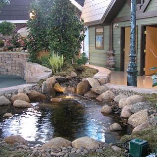 A serene garden scene featuring a small pond surrounded by stones and lush greenery, with a cozy house in the background.