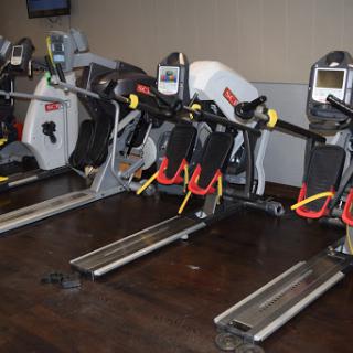 A row of rowing machines in a gym ready for use.