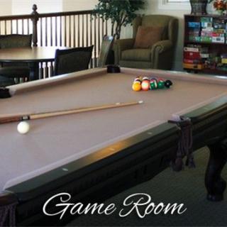 A cozy game room featuring a pool table and seating area.