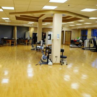 A spacious gym with various exercise equipment and treadmills, ready for workouts.