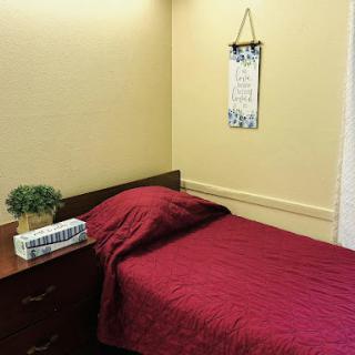 A cozy bedroom corner featuring a neatly made bed with a burgundy bedspread and a small plant on the nightstand.