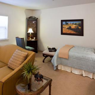 A cozy bedroom with a bed, sofa, desk, and decorative items.