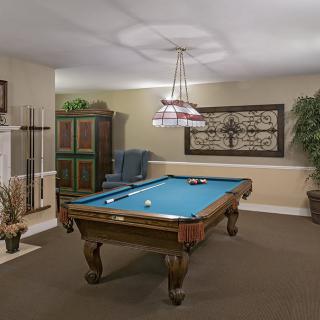 A cozy billiard room featuring a pool table under a hanging light, surrounded by comfortable seating and decorative plants.