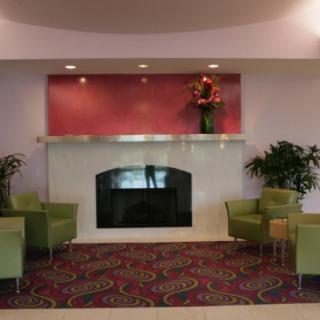 A modern lobby with a fireplace, seating area, and decorative plants.