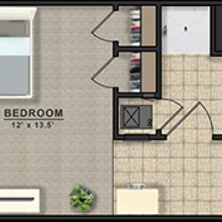 A detailed floor plan showing a bedroom layout with measurements.