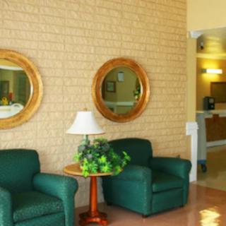 Cozy lobby seating area with green chairs, mirrors, and decorative elements.
