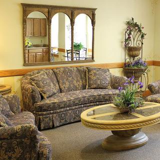 A cozy living room with a patterned sofa, armchairs, and a coffee table adorned with plants.