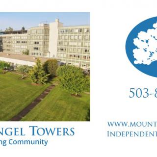 Advertising image for Mount Angel Towers, showcasing the residential building with contact details.