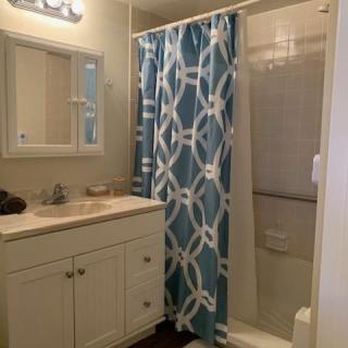 A bathroom featuring a shower with a patterned curtain, a vanity with a sink, and a mirror.