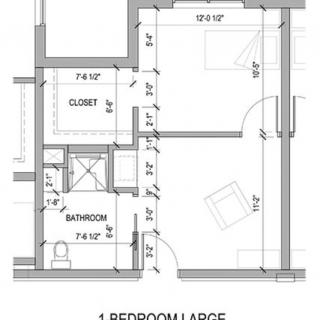 Floor plan of a 1-bedroom apartment layout with dimensions.