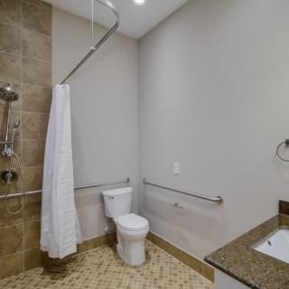 Accessible bathroom with shower, toilet, and grab bars.