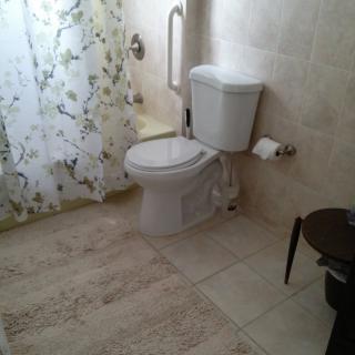 A bathroom featuring a toilet with a floral shower curtain and tiled flooring.