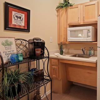 A cozy kitchenette featuring a microwave, sink, wooden cabinets, and a coffee maker on a decorative shelf with plants.