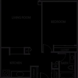 A simple floor plan showing the layout of a one-bedroom apartment.