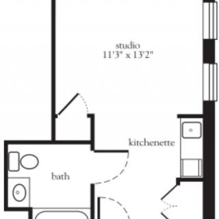 Floor plan of a studio apartment featuring a kitchenette and bathroom.
