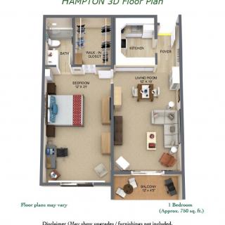 A 3D floor plan of a one-bedroom apartment featuring a kitchen, living room, and bathroom.