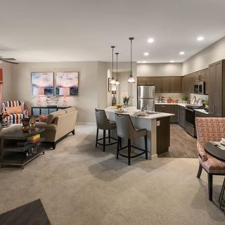 Modern open-concept living room and kitchen in an apartment with stylish interior decor.