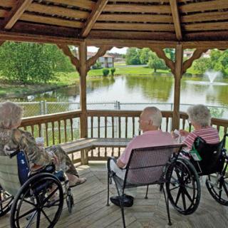Elderly individuals enjoying a serene view by the pond from a gazebo.