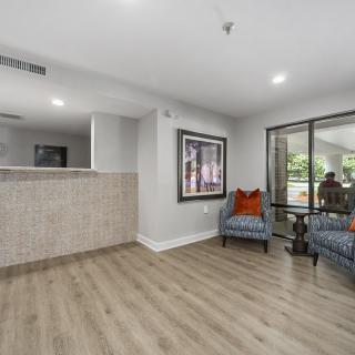 A modern living room with wood flooring and a comfortable seating area adorned with colorful cushions and artwork.