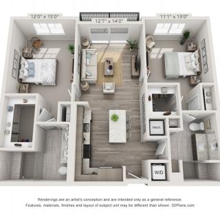 A 3D rendered floor plan showcasing a modern two-bedroom apartment with an open living space and contemporary design.