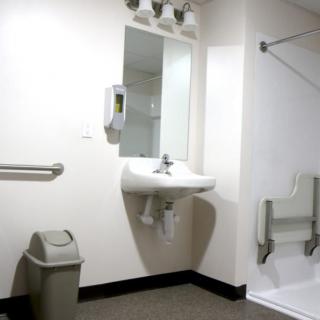An accessible bathroom featuring a sink with a mirror, trash bin, and handrails for support.