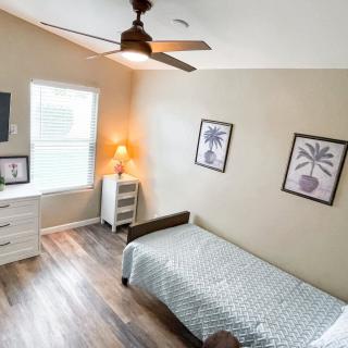 A minimalist bedroom with a single bed, ceiling fan, and natural light streaming in from the window.