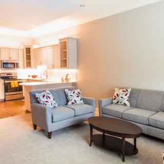 A modern open-plan living room and kitchen with comfortable sofas and stylish decor.