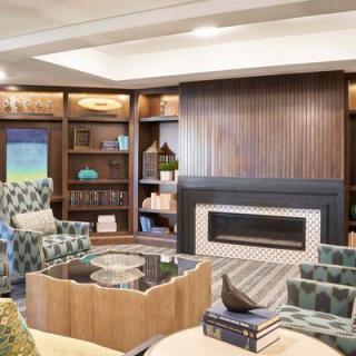 A modern and cozy living room with a fireplace, stylish furniture, and built-in bookshelves.